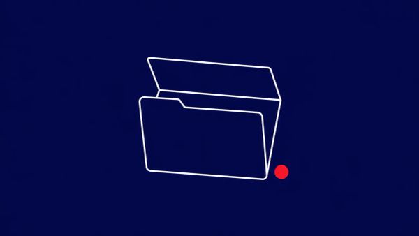 Line-art illustration of a single open file folder on a deep indigo background, with one flat red dot accent.