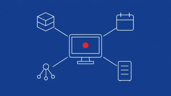 Line-art computer at the center of four connected nodes — a blockchain block, a calendar tile, a torrent-share icon, and a server tower; the central computer carries a red dot.
