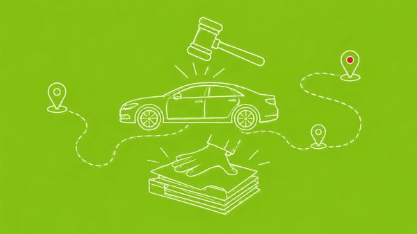 White line art on chartreuse: a car with dashed GPS location lines, a gavel hovering above, a stack of files being closed, and a small red dot accent.