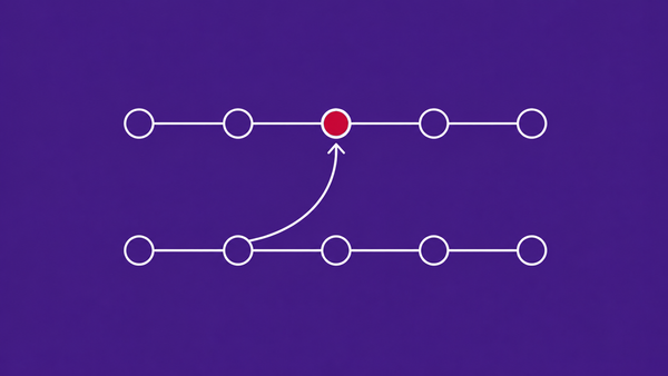 Line-art Git branch diagram with two parallel rails, a pull-request arrow merging into a branch node, and a single flat red dot inside that node.