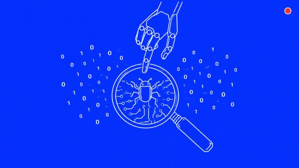 Magnifying glass revealing a six-legged bug on a small circuit board fragment, a robotic hand descending from above, binary digits scattering outward. White line art on cobalt blue.