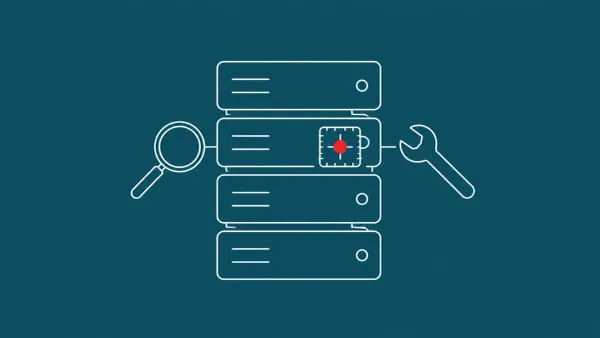 Line-art server stack inspected by a small magnifying lens, with a wrench applying a patch motif to one server; the patched server carries a red dot.