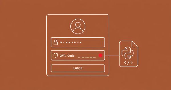White line-art of a login screen with password and 2FA fields and a Python script icon on the 2FA gate, on copper background with one red dot.