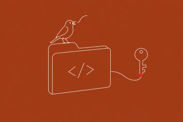 Line-art illustration of a folder icon with a key being extracted via a forked branch, depicting the Grafana pull_request_target Pwn Request breach.
