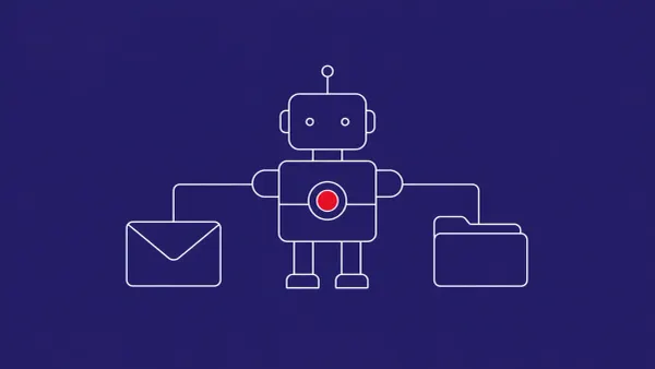 Line-art robot assistant figure beside a small envelope and a small file folder, all connected by thin lines; a red dot marks the robot's chest.