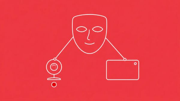 Minimalist white line art on coral: a theatrical face mask hovering above a webcam and a video-call window, with strings connecting the mask to both like a puppet.