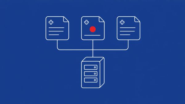 Line-art illustration of three medical-record file cards linked by thin connector lines to a central vendor server; one card carries a single red dot.