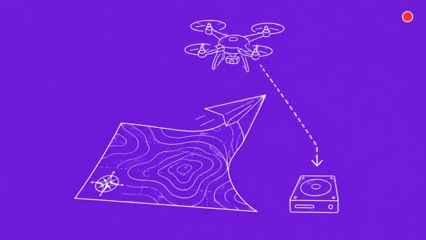 Topographic map with contour lines folding into a paper airplane at one corner, a quadcopter drone hovering above, a download arrow descending to a hard drive.