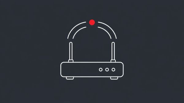 Line-art illustration of a glitched Luxembourg map with a fractured network signal and a question-marked Huawei router, on slate-gray background with one red dot accent.