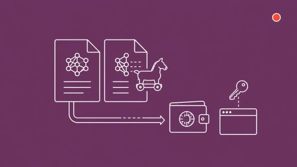 White line art on plum: two cloned AI model card tiles with a Trojan horse silhouette emerging from one, a data pipe to a crypto wallet, a browser with a key icon.