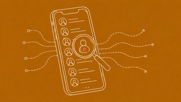 White line art on deep ochre: a smartphone with a long list visible, magnifying glass over one entry, dashed connection lines. Red dot as the scan target.