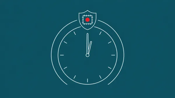 Line-art analog clock framed by a 12-hour arc, a small shield motif perched at the 12-position holding a red dot.