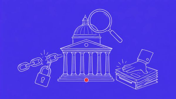 White line art on electric indigo: a courthouse with magnifying glass over its dome, padlock on a broken chain, stack of files closing. Small red dot accent.