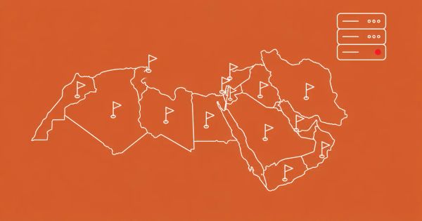 White line-art of the MENA region with thirteen flag pins and a seized server stack on a terracotta background, with one red dot accent.