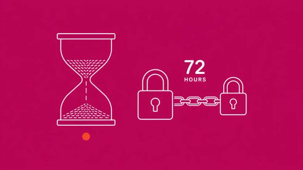 Minimalist white line art on hot magenta: an hourglass with sand draining beside two padlocks linked by a chain, with '72 HOURS' floating above.
