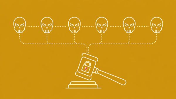 Minimalist white line art on rich gold showing six skeletal masks linked by a dotted chain, all converging on a single gavel; a closed padlock sits on the gavel head with a red accent dot.