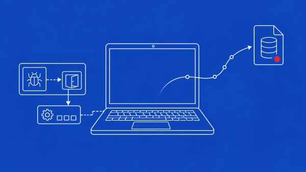 Line art on cobalt: a laptop with a Signal message database file being siphoned out, a backdoor injected into a system process. Red dot accent on the exfiltrated file.
