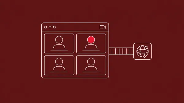 Line-art video-meeting window with four small participant tiles and a thin tunnel connecting it to a separate node; one participant tile carries a red dot.