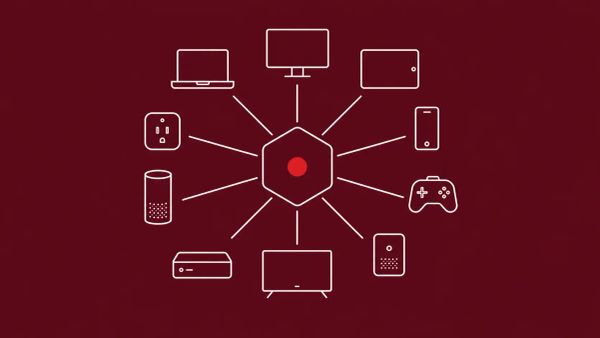 Line-art grid of small TV-box icons, their lines converging on a central hub node that connects to a pair of handcuffs; the hub carries a red dot.