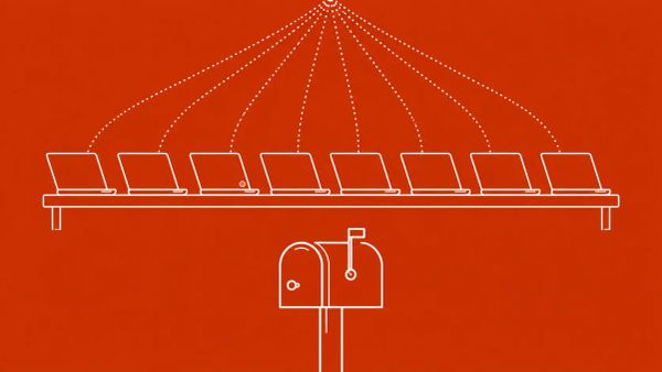 Minimalist white line art on burnt red-orange: eight laptops on a shelf rack, each emitting a dotted line that converges off-frame; a residential mailbox sits below with one red accent dot.