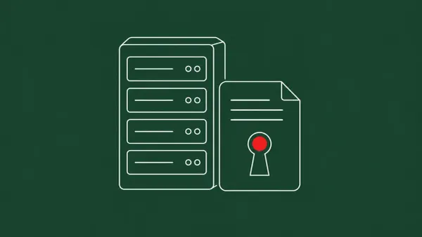 Line-art server rack beside an open configuration card with a keyhole at its center; the red dot sits inside the keyhole as the focal point.