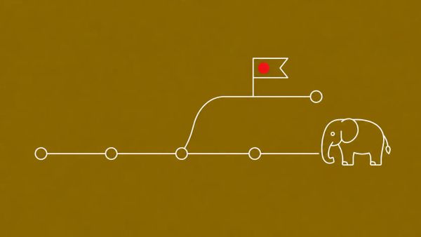 Line-art git branch graph with commit nodes and a fork curving off; a version-tag pennant sits on the fork and carries a single red dot, beside a small PHP elephant icon.
