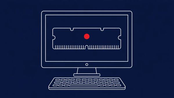 Line-art desktop computer with a large RAM memory chip drawn inside the monitor's screen; the memory chip carries a single flat red dot at its center.