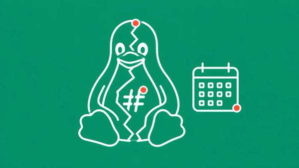 An abstract Linux penguin cracked down the center with a root symbol emerging and a 2017 calendar beside it. White line art on fresh emerald background with red-orange accent dots.