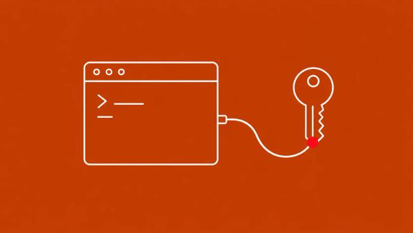 Line-art illustration of a single key set on a bold diagonal on a deep petrol-blue background, with one flat red dot accent.