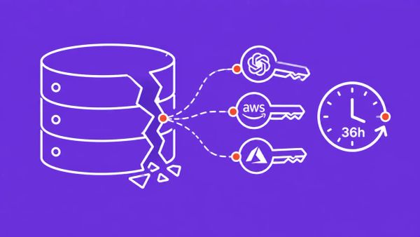 A cracked database cylinder with API key icons streaming out and a 36h clock beside it. White line art on deep violet background with red-orange accent dots at the crack and key points.