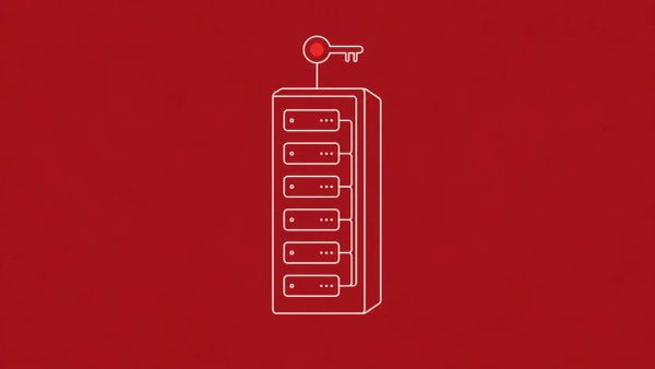 Line-art server unit split into six small tenant cells; a thin line runs from one cell up to a key icon at the top, which carries a single red dot.