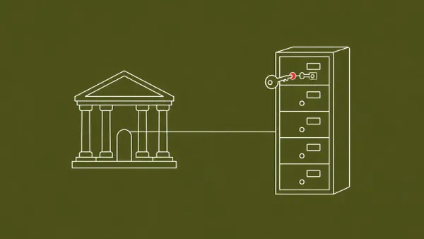 Line-art Lithuanian government building beside a tall filing cabinet, a small key drawn between them carrying a red dot at the cabinet's lock.