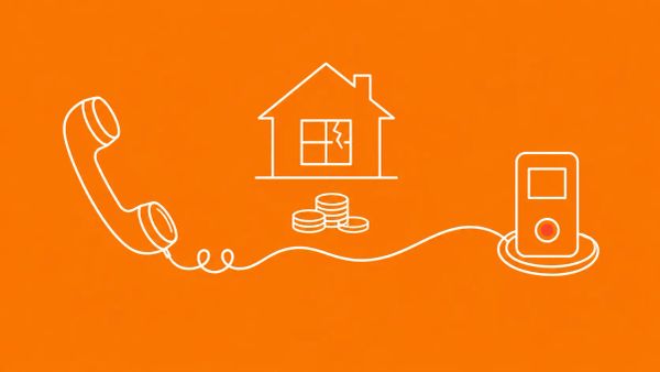 Minimalist white line art on gold-amber: a telephone handset with its cord stretching across the frame to loop around a hardware wallet, with a house silhouette and coin pile mid-frame.