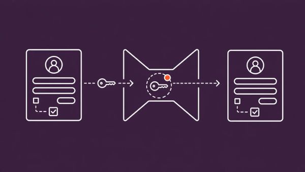 Minimalist white line art on deep plum showing two sign-in windows linked by a central proxy hourglass, a key intercepted mid-flight between them, and a tiny CAPTCHA glyph