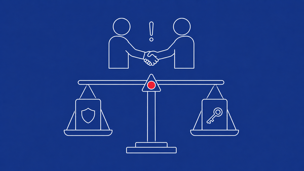 Line-art balance scale with shield and key documents; two figures shaking hands above with an exclamation mark; red dot at the pivot.