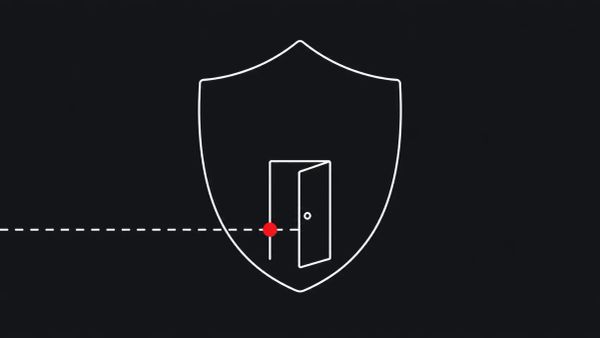 Line-art illustration of a single cracked shield filling the frame on a deep charcoal background, with one flat red dot accent.
