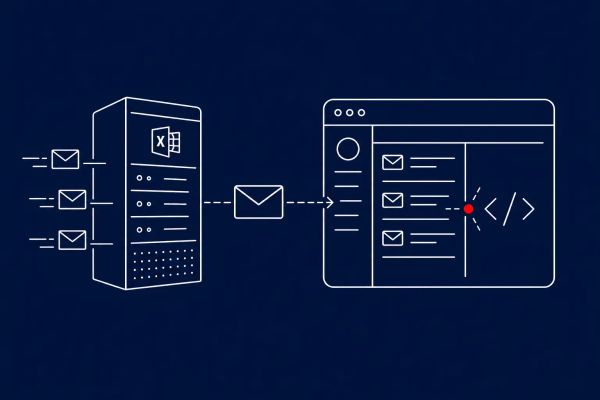 Line art on midnight blue: an Exchange Server with a crafted email entering OWA, JavaScript executing in the browser window. Red dot on the execution point.