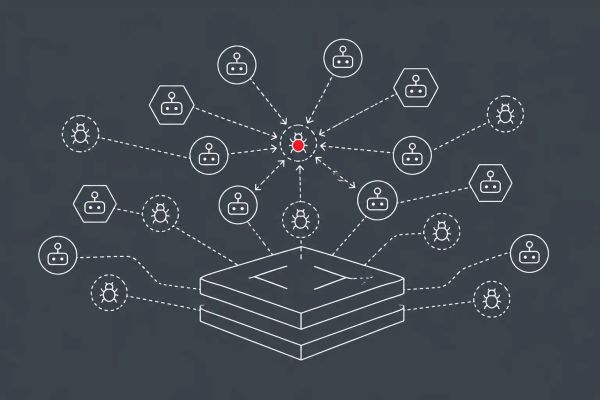 Line art on slate gray: a swarm of small AI agent nodes converging on a codebase and surfacing bug markers. Red dot accent on a critical finding.