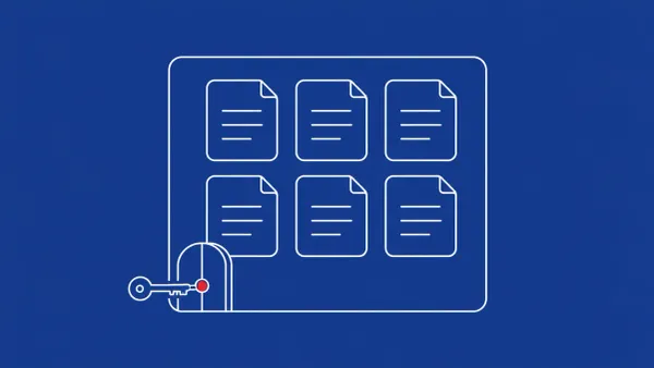 Line-art SharePoint document-library icon with a small key turning in a door at the lower-privilege entry, a red dot on the entry point.