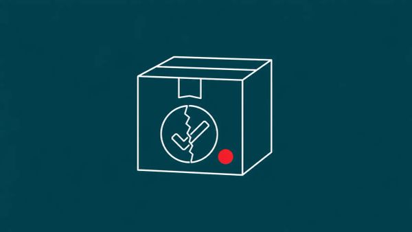 Line-art illustration of an npm package with a fractured green check-mark badge on teal background, with one flat red dot accent.
