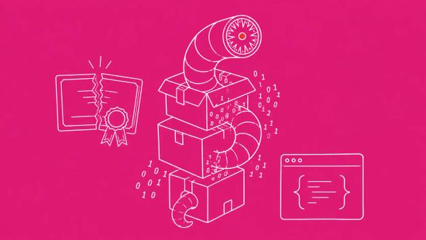 White line art on hot fuchsia: a worm twisting through three stacked package boxes with binary fragments, a signed certificate cracking. Small red dot accent.