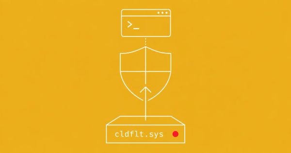 Mustard-yellow background, white line art: a Windows shield struck from below by an arrow rising from a cldflt.sys driver block, with a flat red dot accent.