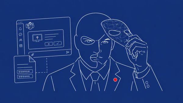 Line art on midnight blue: masked operative removing a ransomware mask, Teams chat window, credentials text file. Red dot accent on attribution flag.