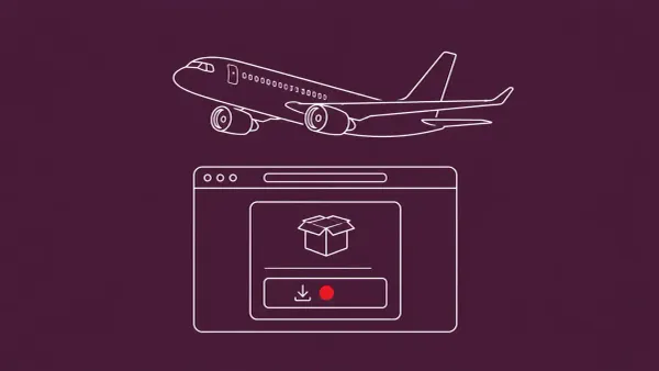 Line-art wireframe airplane silhouette above a stylized software installer window with a small download arrow; a red dot sits on the installer button.