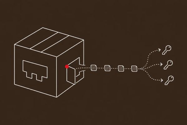 Line art on espresso: an npm package with a hidden backdoor function siphoning secret keys out through a DNS channel. Red dot accent on the backdoor.