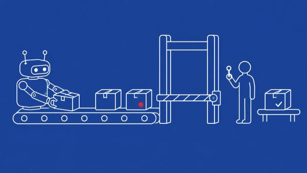 Line-art conveyor belt carrying parcels toward a closed gate; a maintainer figure with a key stands at the gate, and one waiting parcel carries a red dot.