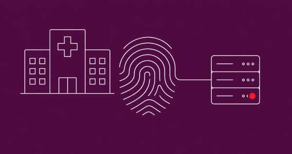 White line-art illustration of a fingerprint between a hospital silhouette and a vendor server rack on a plum background, with one red dot accent.