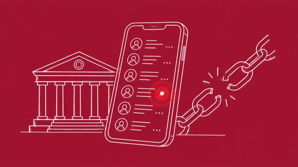 White line art on brick red: smartphone showing data records, courthouse silhouette, broken chain link. Red dot as active leak warning on phone screen.