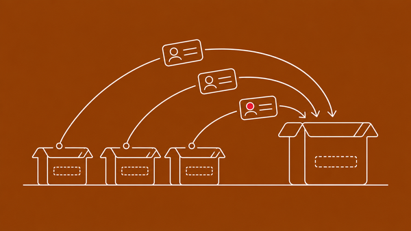 Line-art scene of small generic profile cards being scooped from three older labeled boxes into a single new larger container; one card carries a flat red dot.