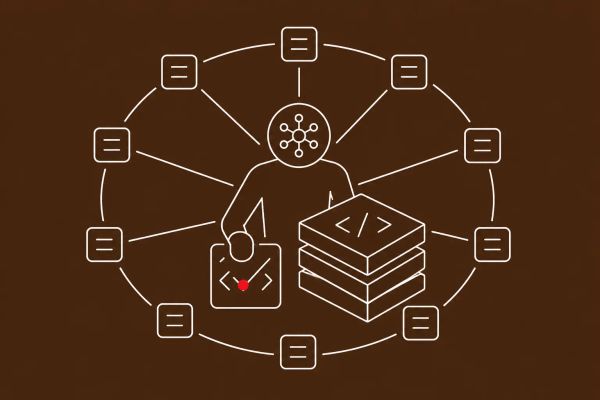 Line art on bronze: an AI agent scanning a code repository while a chain of vendor nodes locks into a defensive ring around it. Red dot on the patch fix.